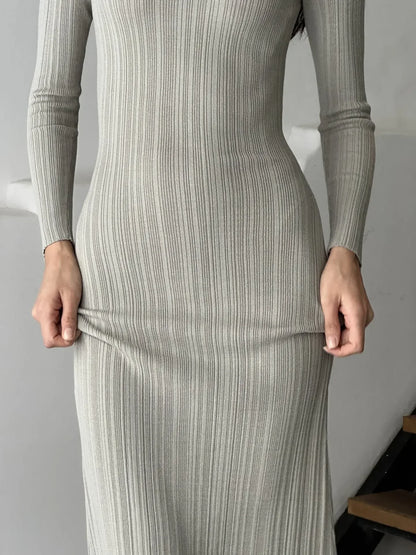 eybag Autumn Long Sleeve Knitted Maxi Dress Women Elegant Sexy Pit Strip O-Neck Bodycon Evening Party Dresses 2024 Lady Casual Dress