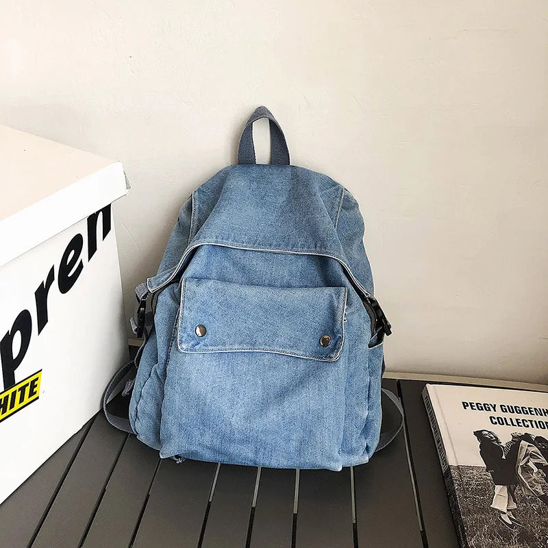 eybag Korean Denim Women Backpacks Large capacity college backpack Casual female big Travel bag Teenage Girl School Bag Bagpack blue