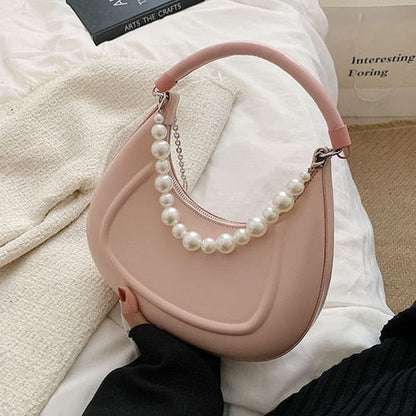 Lkblock Kawaii Tote PU Leather Half Moon Armpit Bag with Pearl Short Handle 2022 Women's Designer Handbag Luxury Shoulder Crossbody Bag