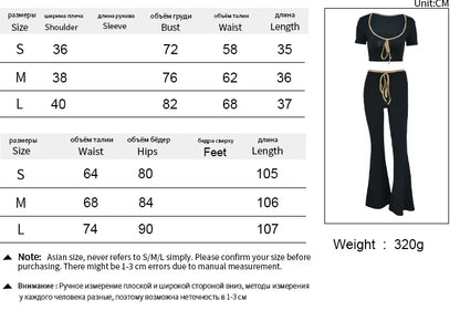 eybag Sexy Top Pants 2 Piece Set Women Summer Short Sleeve Slim Crop Tees + High Waist Flare Trousers Female Fashion Lace-up Outfits