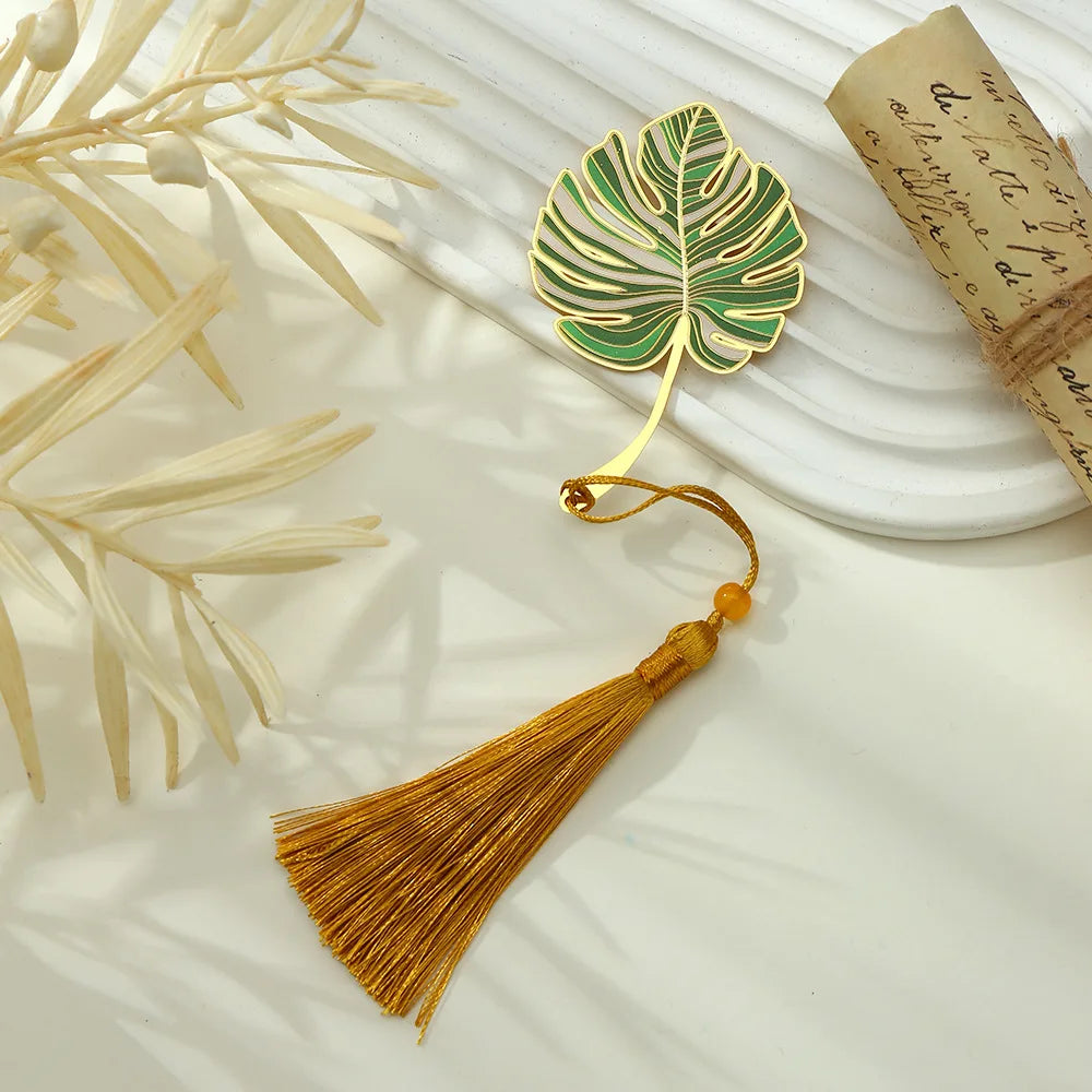 eybag Exquisite Leaf Shape Metal Bookmarks With Tassel Creative Ginkgo Lotus Leaves Book Mark Student Stationery Reading Supplies Gift