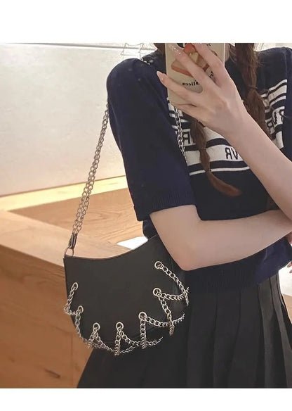 eybag Silver Crossbody Bags Women Summer High Street Chain Casual Messenger Bag Lady Harajuku Solid Saddle Hobos Bags Y2k