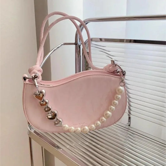 eybag Pink Pearl Womens Shoulder Bag Elegant Chains Beading Leather Korean Fashion Handbag Commuter Casual Ladies Aesthetic Bags