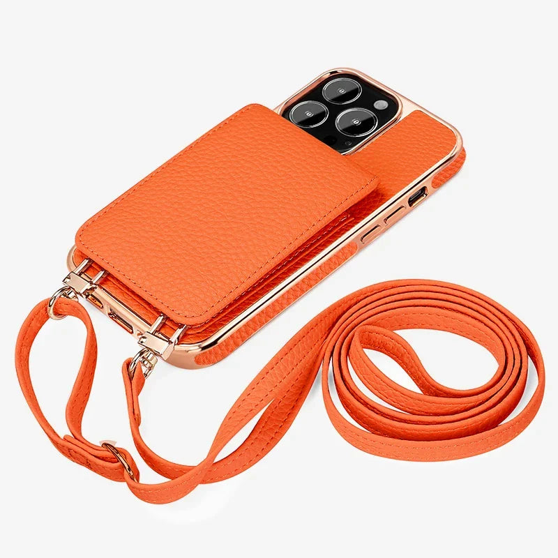 eybag Crossbody Card Slot Holder Phone Case For iphone 15 14 Plus 13 Pro Max Necklace Strap Lanyard Cord Leather Electroplated Cover