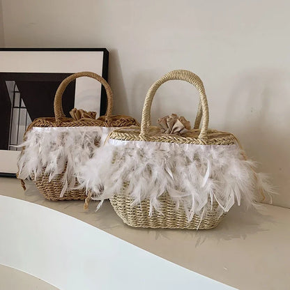 eybag Hot Selling Feather Rattan Woven Drawstring Women's Handbag 2024 Summer Fashion New Product Beach Vacation Niche Design