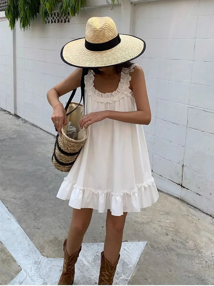 eybag Women Casual Sleeveless Ruffles Mini Dress White Boho Beach Sundress Cute Girl Home Dresses Loose Summer Dress Oversized