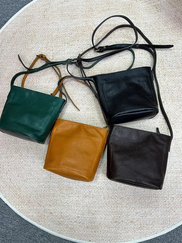 eybag Vintage Genuine Leather Crossbody Bags Solid Female Bucket Shoulder Bag Real Cow Leather Mobile Phone Purse Bag