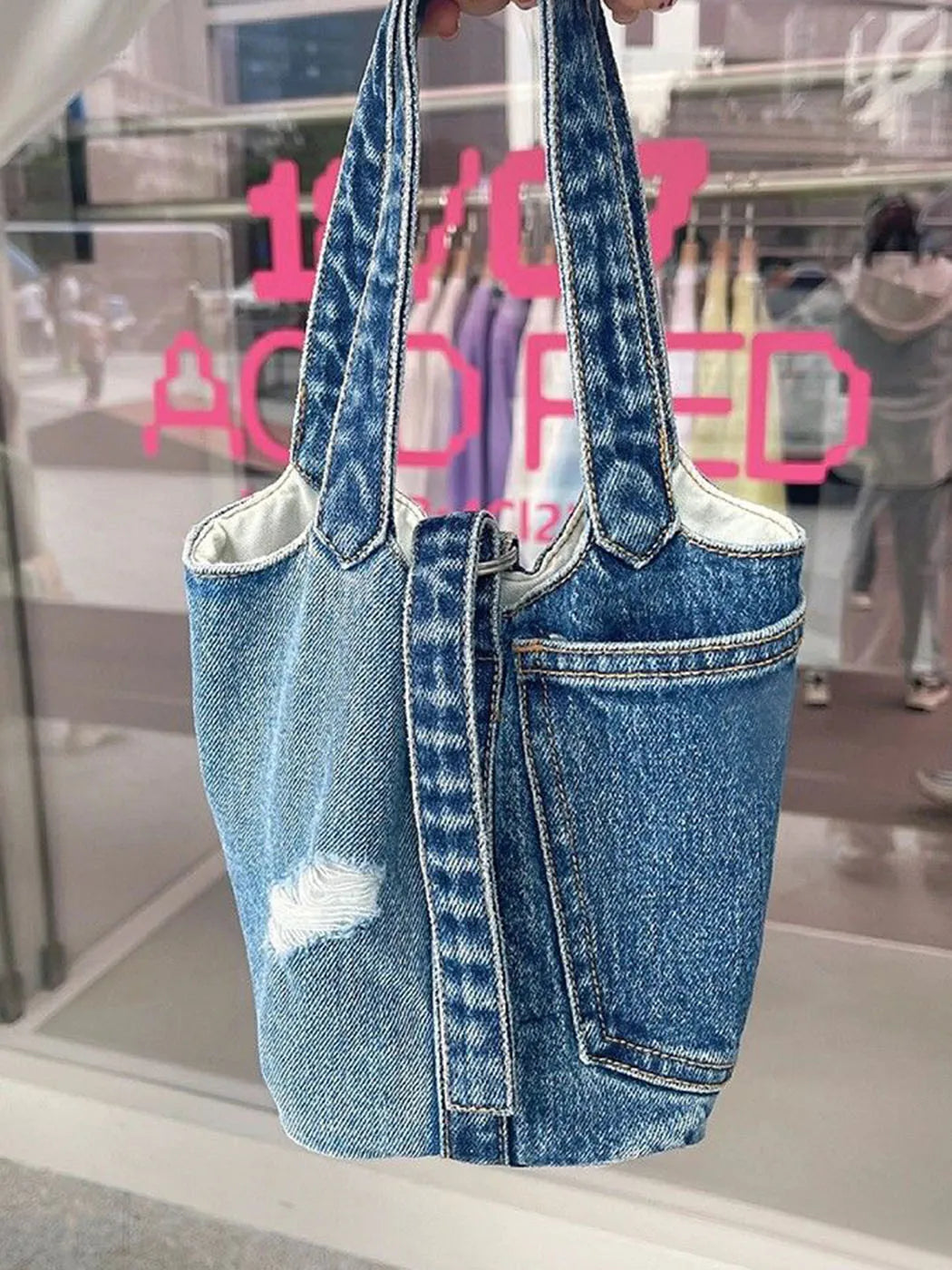 eybag Casual Denim Bucket Bag Women New Harajuku Handle Pocket Chic Shoulder Bag Handbag Female Vintage Y2k Hand Bag Ladies