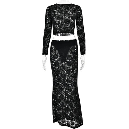 eybag Lace See Through Sexy Skirt Two Piece Sets Women O Neck Long Sleeve Crop Tops And Long Skirt Fashion Two Piece Set