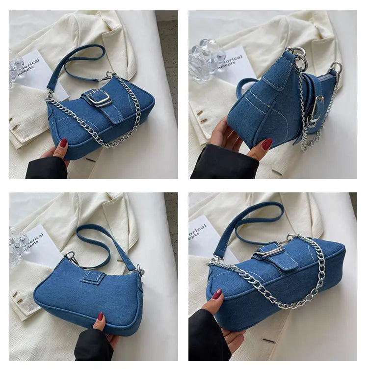 eybag Vintage Denim Women's Shoulder Bag Fashion Ladies Crossbody Bag Chain Small Armpit Bag Handbags Simple Female Underarm Bag Purse