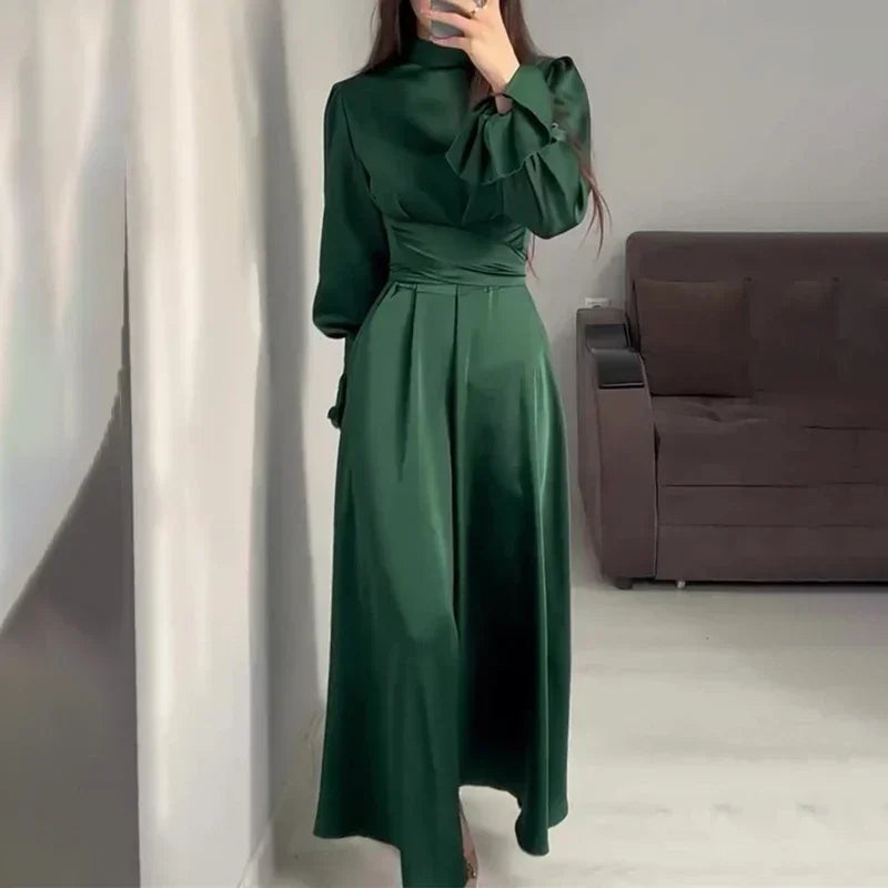 eybag Elegant Ruffled Long Sleeve Long Dress Women's Fashion Bandage Evening Dress Retro Slim Lace Up Solid Color Long Dress