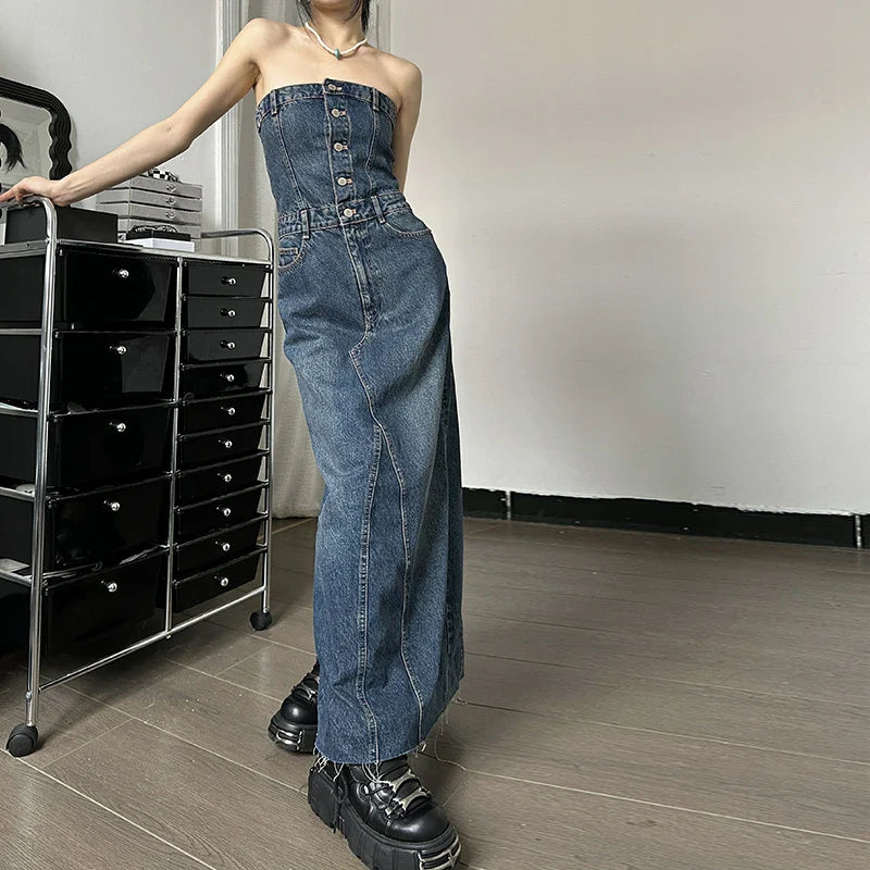 eybag Denim Strapless Buttons Stretchy Slim Slit Long Dress Casual Fashion Streetwear Summer Vacation Daily Party Women Clothes