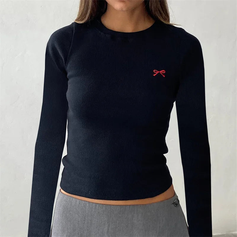 eybag Women Y2K Crop Tops Long Sleeve Ribbed Knit Shirts Cute Bow Embroidery Tee Shirts Teen Girls Slim Fitted Baby Tees