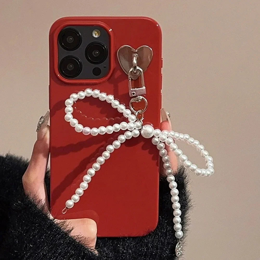 eybag Pearl Bow Pendant Phone Case for IPhone 14 13 12 11 15 Pro Max Funda for Iphone 15 14 Plus Wine Red Silicone Shockproof Cover