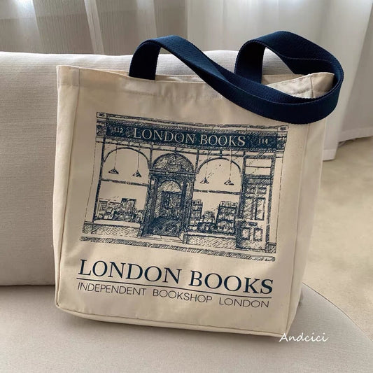 eybag Women Canvas Shoulder Bag London Books Print Ladies Casual Handbag Tote Bag Reusable Large Capacity Cotton Shopping Beach Bag