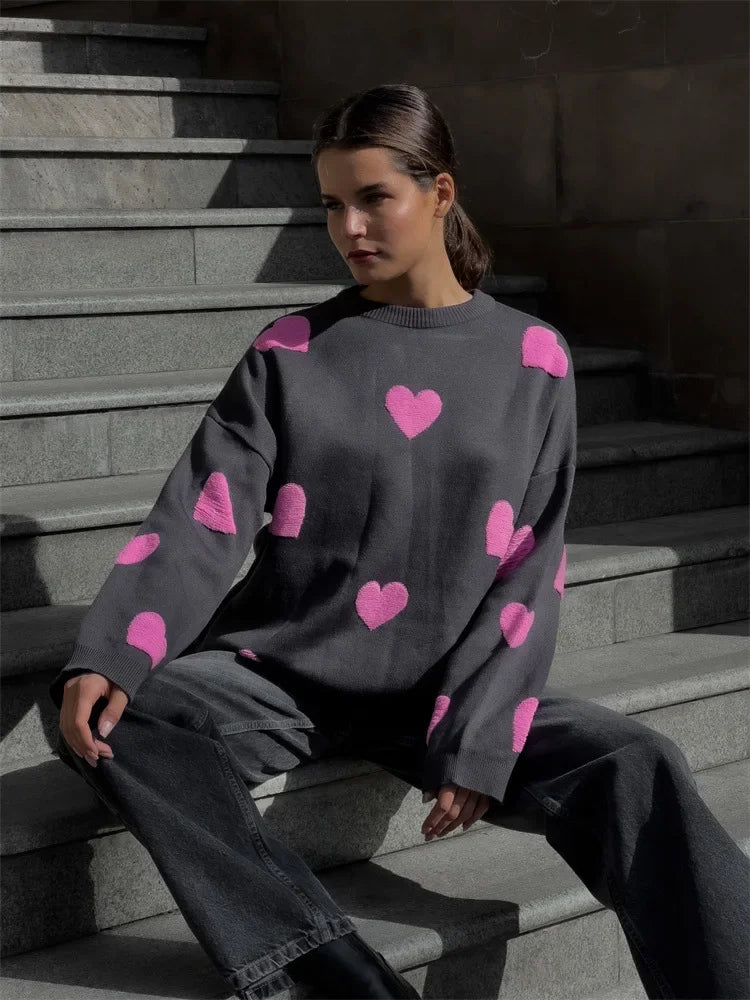 eybag Women Oversized Love Heart Printed Knit Sweater Pullover Lady O Neck Thickened Long-sleeved Sweaters Female Street Jumper