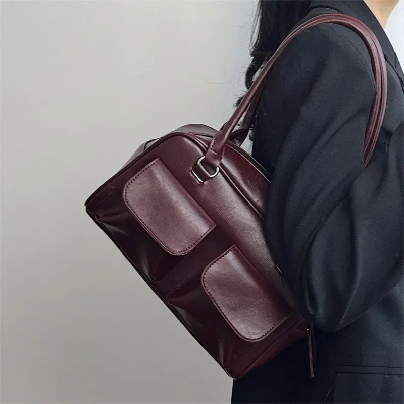 eybag Vintage Women Business Shoulder Bags Simple Ladies Commute Tote Bag Pu Leather Female Underarm Bag Burgundy Large Handbags Purse