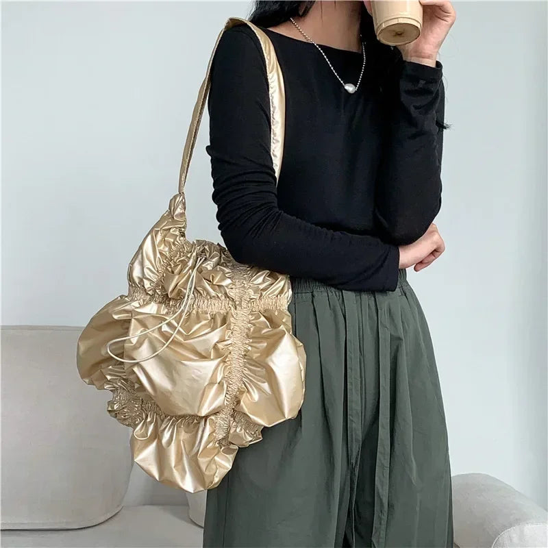 eybag Luxury Design Ruched Women's Shoulder Bag Glossy Soft Leather Drawstring Large Messenger Pack Korean Fashion Crossbody Bags