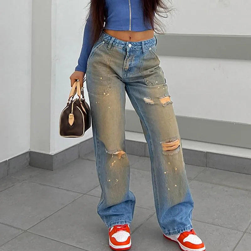 eybag American Street Style Women Wash Water to Do Old Retro Gradual High-waisted Jeans with Holes Splash-ink Straight Casual Pants