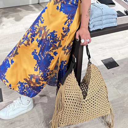 eybag Rope Tassel Crochet Shoulder Bag Luxury Hollow Knitting Women Designer Handbags Handmade Woven Tote Bohemian Travel Beach Bags