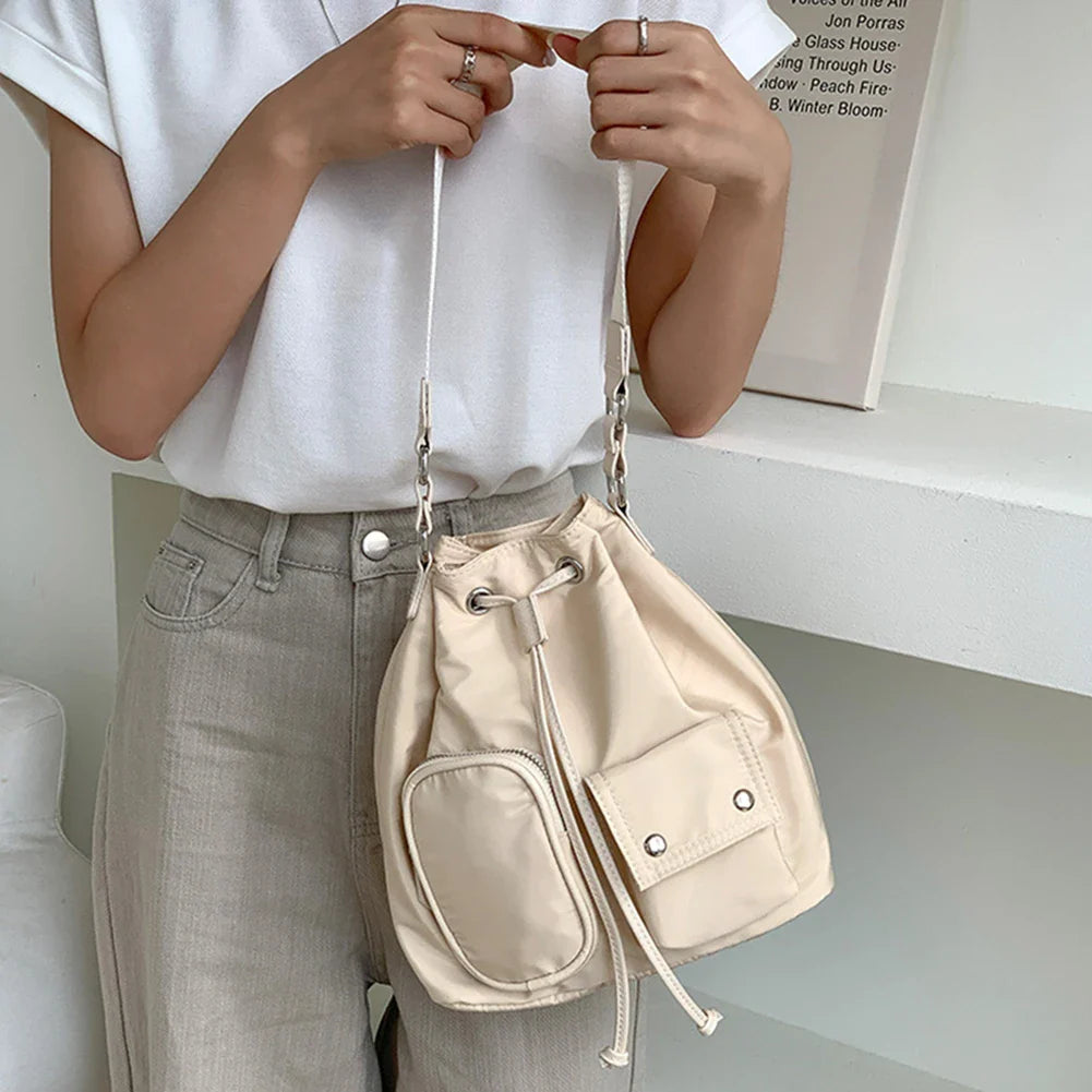 eybag Women Crossbody Bag Drawstring Nylon Ladies Bucket Bag Fashion Temperament Large Capacity Wear-resistant Travel Shoulder Bags