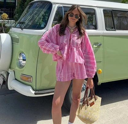 eybag Summer Casual Striped Shirt Shorts Suit Ladies Loose Bow Lace Cut-out Long Balloon Sleeve Suit Women's Summer Beach Ladies Suit