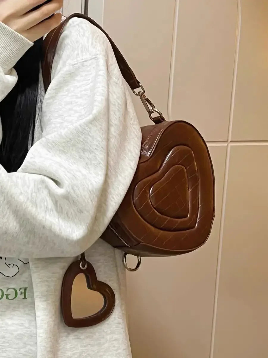 eybag Retro Heart Chocolate Crocodile Pattern Backpack Solid Leather Versatile Fashion Women Shoulder Bag Multifunctional Handbag Ins