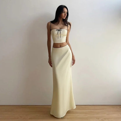 eybag Satin Sleeveless Bow Short Camis Crop Top Long Skirt Women'S Sets Summer Y2K Streetwear Elegant Evening Casual Clothes