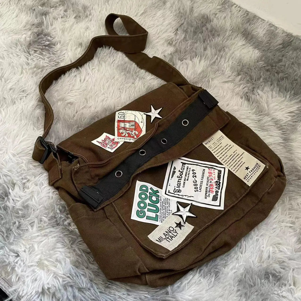 eybag - Vintage Y2k Messenger Bag for Women Canvas Star Patch Students School Crossbody Bags American Fashion Retro Female Handbags