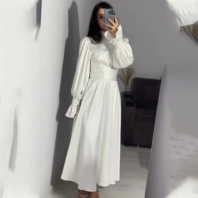 eybag Elegant Ruffled Long Sleeve Long Dress Women's Fashion Bandage Evening Dress Retro Slim Lace Up Solid Color Long Dress