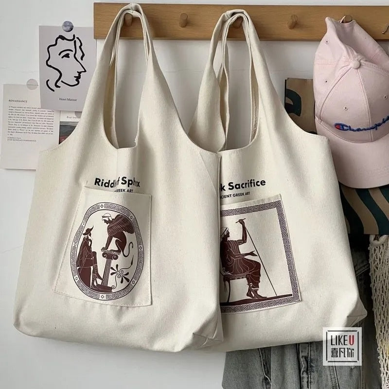 eybag Canvas Tote Bags for Women 2022 Large Ladies Cotton Cloth Handbag Greek Temple Print Female Shoppers Reusable Shopping Beach Bag