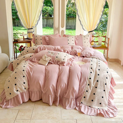 -Korean Princess Style Bedding Set, Lace Patchwork, Embroidery Ruffles, Duvet Cover Set, Bed Sheet, Pillowcases, 4Pcs