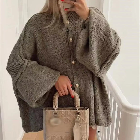 eybag French Fashion Loose Sweater For Women O-neck Metal Button Cardigan Single Breasted Autumn Winter Casual Coat Female Outfit Tops