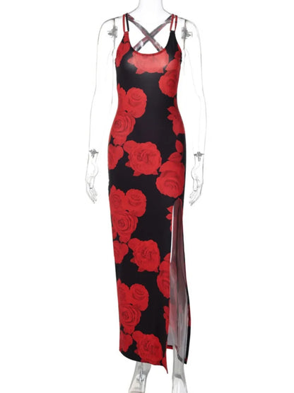 eybag Women's Red Flowers Print High Slit Slip Dress 2024 Summer Elegant Sexy Backless High Waist Sleeveless Long Maxi Holiday Dresses