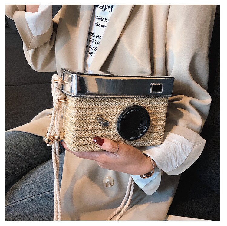 eybag Fun Designer Bag 2022 New Women Fashion Camera Straw Woven Handbag Female One Shoulder Bag Crossbody Bag Flap Purse