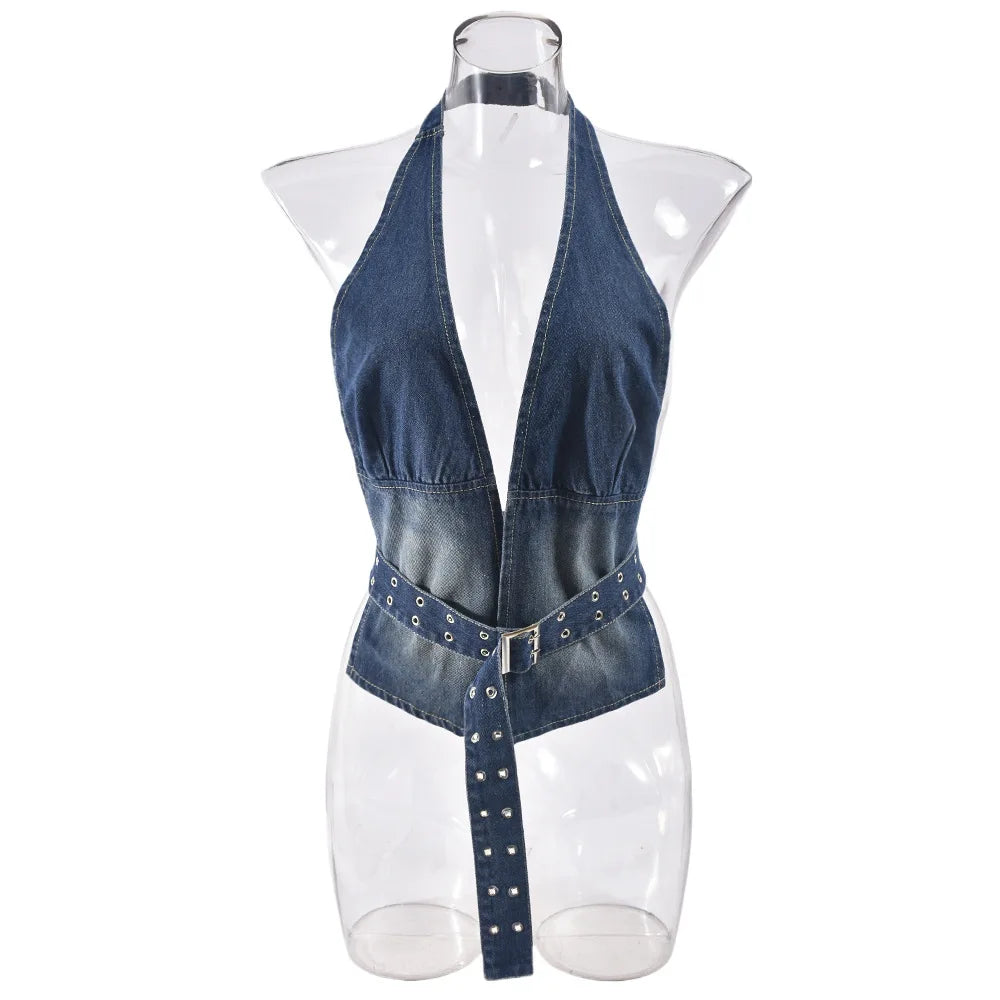 eybag Women Sexy Denim Tank Tops with Adjustable Grommet Belt Fashion V-neck Halter Backless Jeans Vest Casual Streetwear Tops