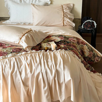 -100S Long Staple Cotton Vintage Jacquard French Lace Ruffles Print Bedding Set Duvet Cover Flat sheet Or Bed Skirt Pillowcases