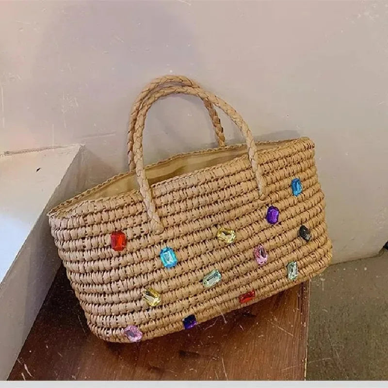 Lkblock Luxury diamond Straw Woven Tote Bags Summer Casual Large Capacity Handbags Fashion Beach Women Shoulder Simple Style Shopping