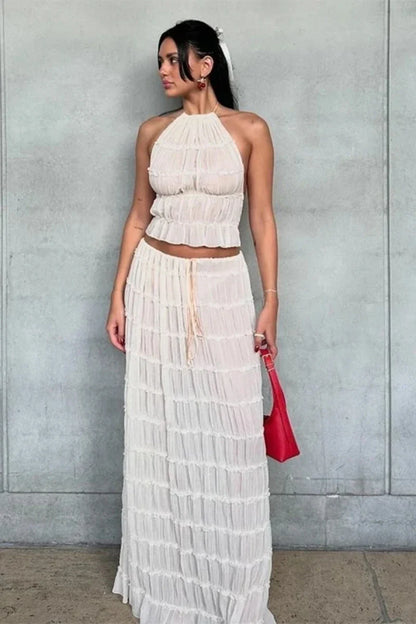 eybag Summer New Backless Ruched White Dress Sets  Sexy Halter Short Tops Fold Long Skirts Women 2 piece Sets Fashion Beach Outfits