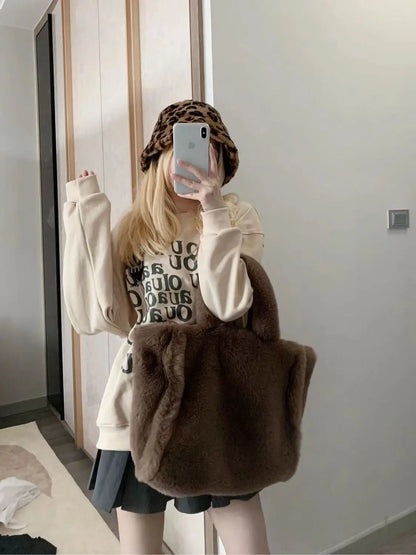 eybag Plush Tote Bag Women Autumn Vintage Fur Soft Large Capacity Coffee Shoulder Bag Female Retro Y2k Handbag Aesthetic