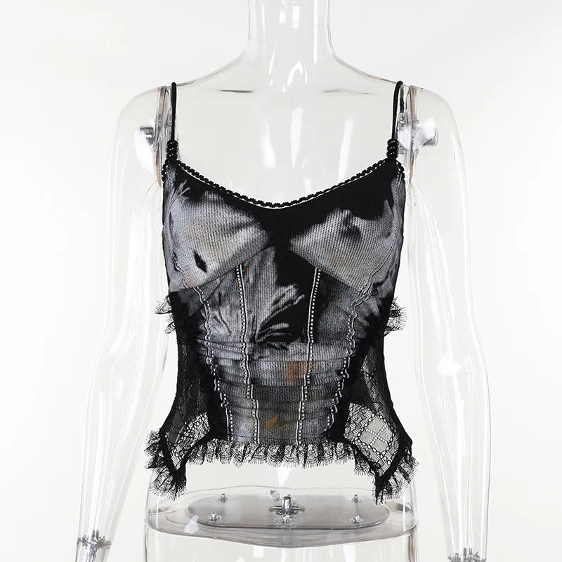 eybag New Punk Grunge Fairy Y2K Tops Gothic Dark Style Sexy Lace Patchwork Printed Glass Bead String Strap Top for Women