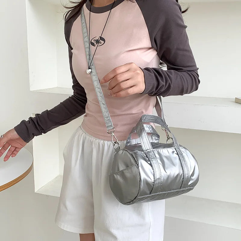 eybag Silver Nylon Single Crossbody Bag Summer Women's Casual Shoulder Tote Bag Cylinder Versatile Highend Fashionable Niche Handbag