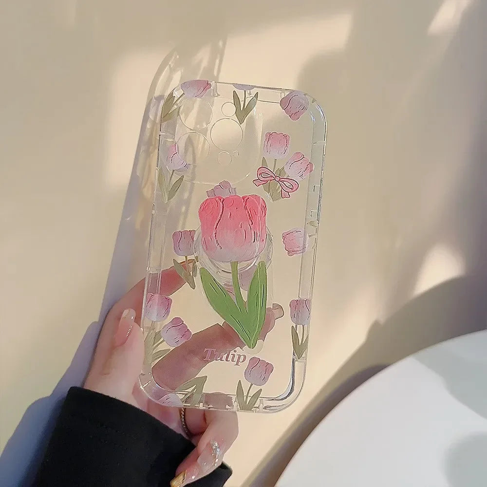 eybag Flower Floral Transparent Phone Case for IPhone 15 14 13 12 11 Pro Max Plus Fashion Cute Shockproof Soft Cover Funda with Holder