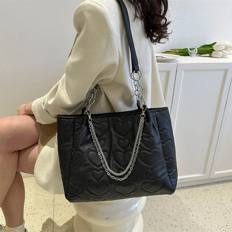 eybag Peach Heart Chain Canvas Bag Women New Fashion Sweet and Cute Tote Bag Student Class Large Capacity Bag