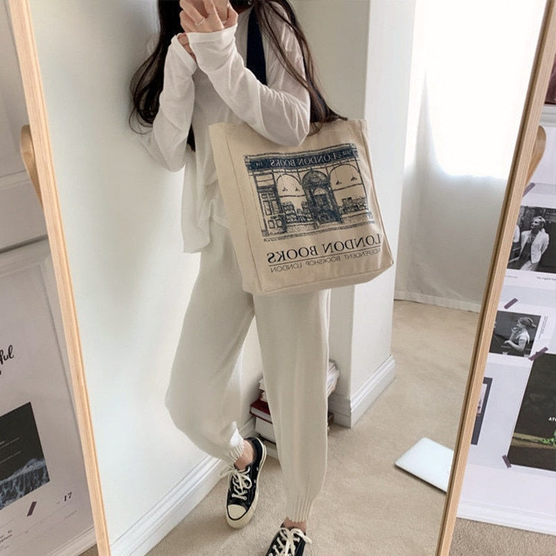 eybag Women Canvas Shoulder Bag London Books Print Ladies Casual Handbag Tote Bag Reusable Large Capacity Cotton Shopping Beach Bag