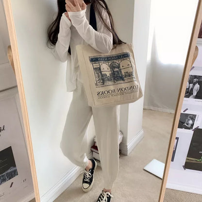 eybag - Women Canvas Shoulder Bag London Books Print Ladies Casual Handbag Tote Bag Reusable Large Capacity Cotton Shopping Beach Bag