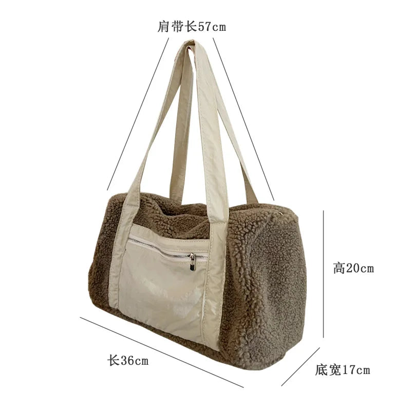 Lkblock Large Lambswool Tote Bag Winter Faux Fur Women Shoulder Bag Soft Plush Travel Bags for Women Handbags Patchwork Fitness Bags New