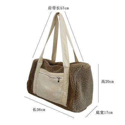 Lkblock Large Lambswool Tote Bag Winter Faux Fur Women Shoulder Bag Soft Plush Travel Bags for Women Handbags Patchwork Fitness Bags New