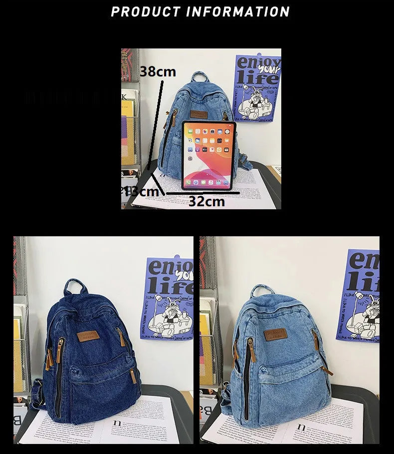 eybag Casual Cowboy Women Backpack Large Capacity Denim Schoolbag for Teenage Girls Backpacks Travel Female Rucksack Mochila Blue