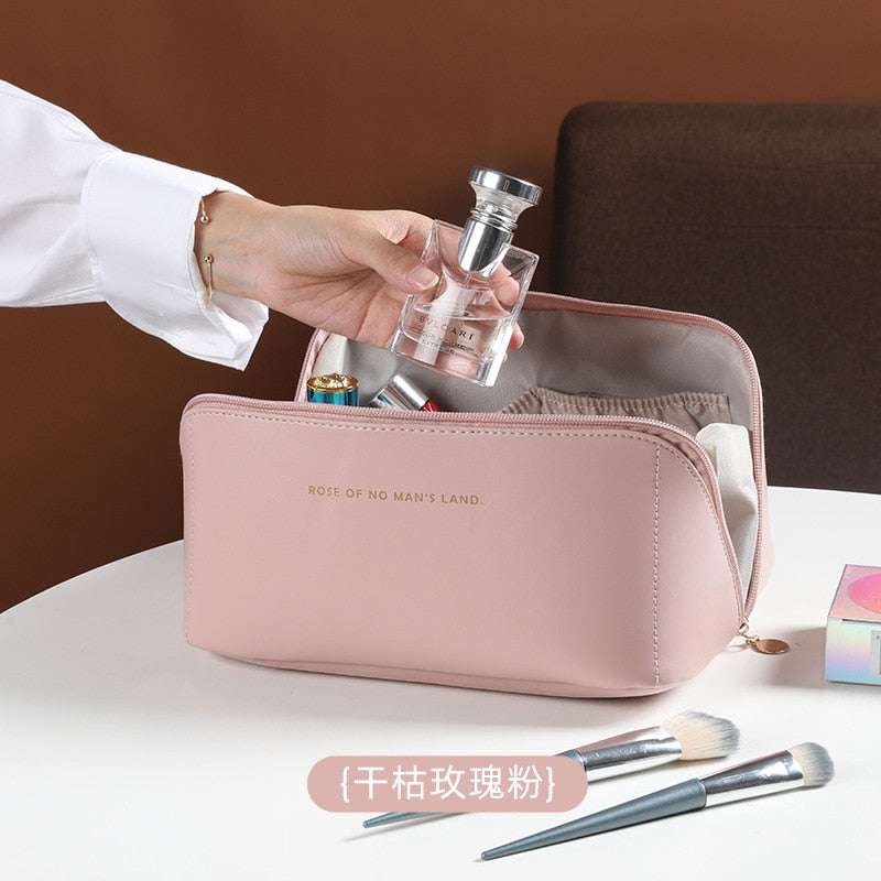 Lkblock Large Leather Women Cosmetic Bag Toiletry Storage Organize Multifunction Portable Handbag Waterproof Female Makeup Case